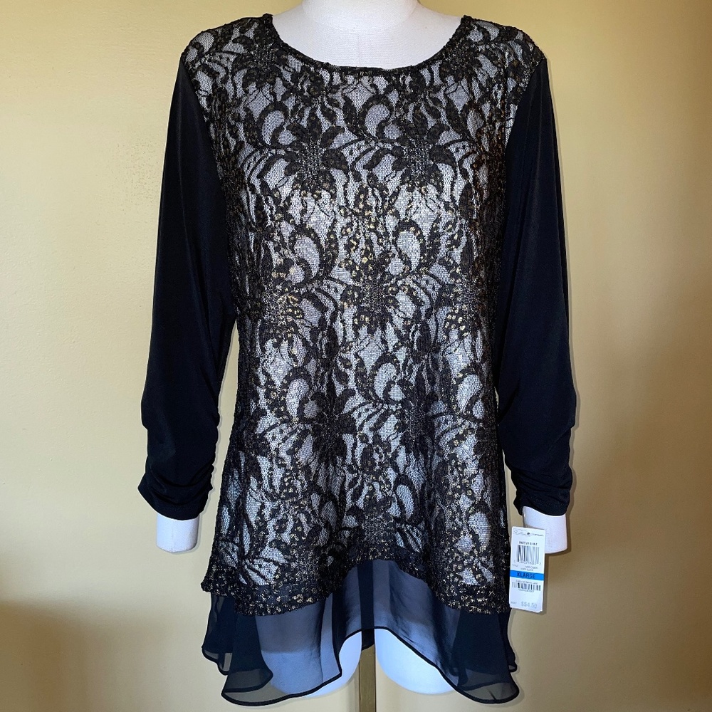 Style & Co. "Festive Shine" Deep Black Gold Metallic Lace Sheer Blouse NEW NWT